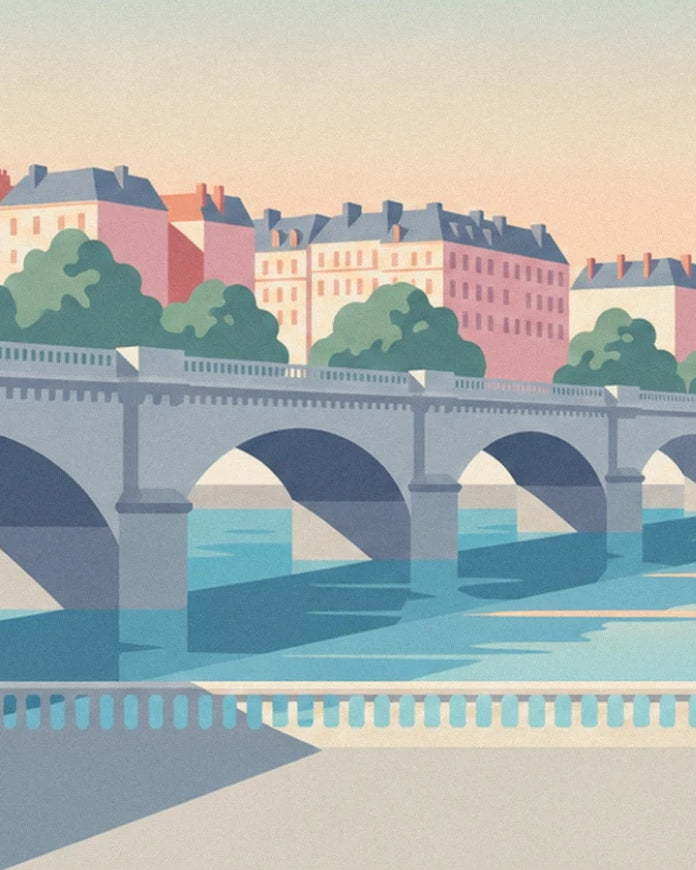 The bridge arches over the turquoise Seine, with grey-roofed buildings behind