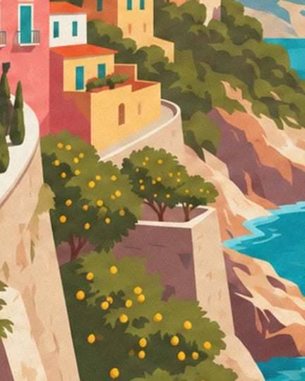 Les citronniers en terrasse sur la falaise, maisons ocre et mer turquoise en contrebas