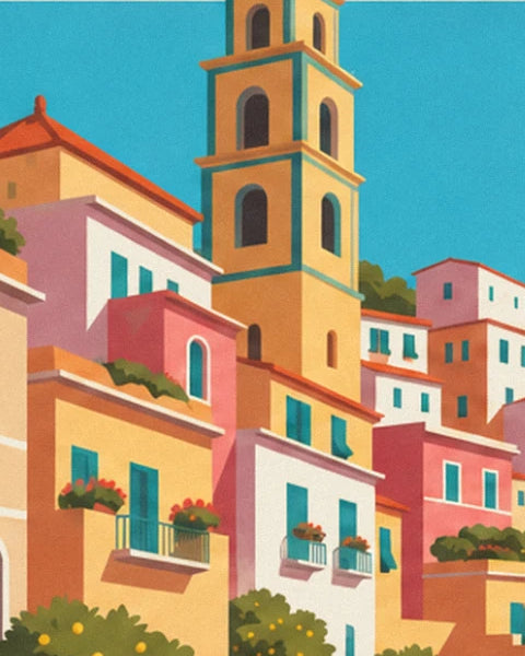 Le campanile jaune et turquoise dominant les maisons roses et ocre, aux balcons fleuris