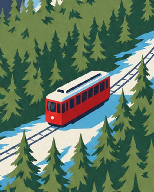 Die rot-weiße Bahn auf ihrer verschneiten Strecke zwischen Tannen