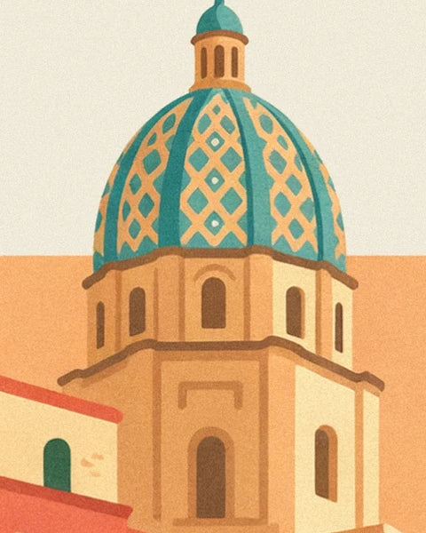 The church dome with turquoise and gold tiles and a slender turret