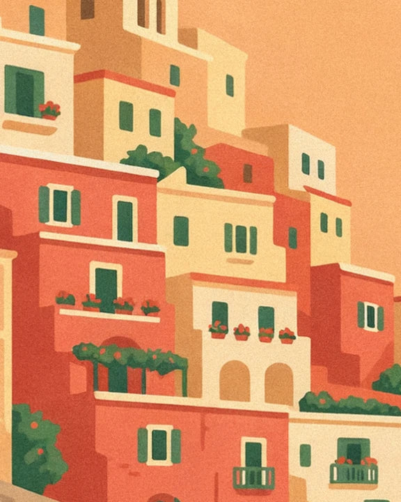 Cascading coral and cream façades with green shutters and flower-filled balconies
