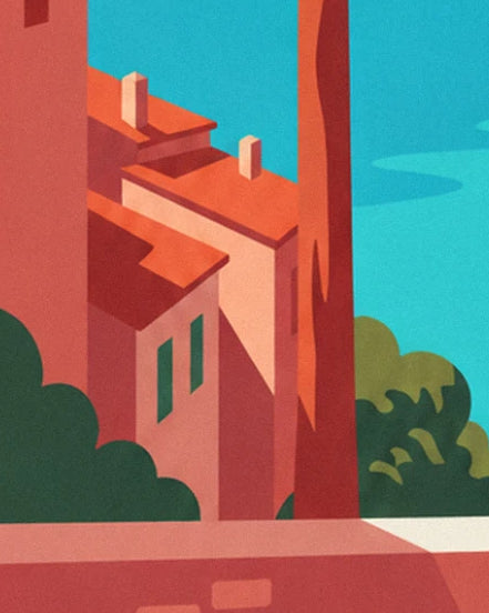 The orange tiled roofs and their chimneys, between a cypress tree and green bushes