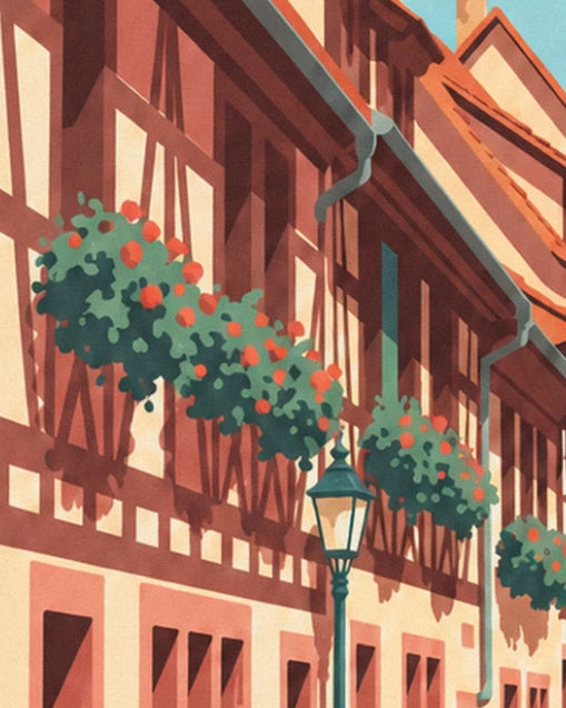 Les façades à colombages brun et crème, leurs jardinières de fleurs rouges et un lampadaire vert
