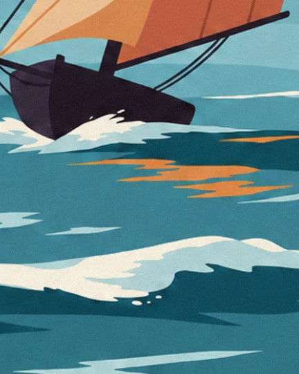 La coque noire fendant les vagues, écume blanche et reflets orange sur l'eau turquoise