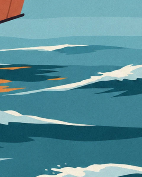 Crêtes blanches sur une mer bleu canard, avec des reflets orange de la voile