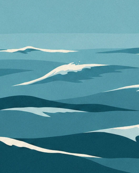 Vagues turquoise aux crêtes d'écume blanche, sur une mer en aplats bleu-vert
