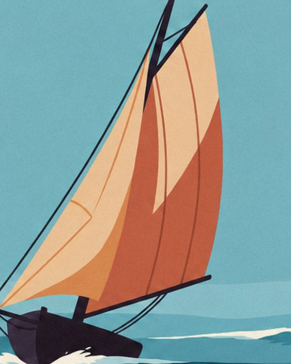 Les voiles beige et orange du voilier, gonflées par le vent, au-dessus de la coque sombre