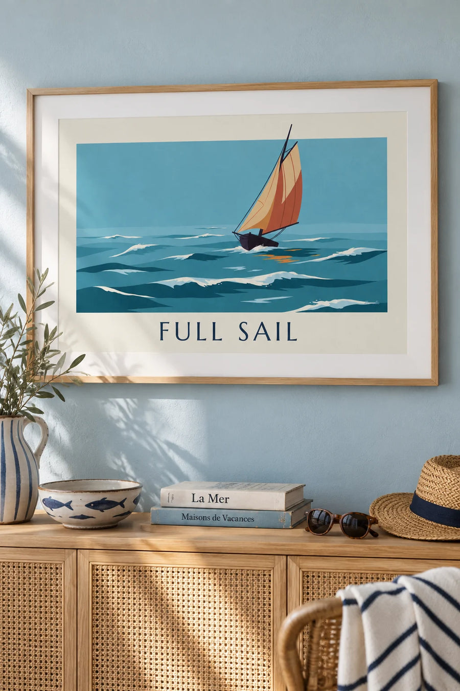 Affiche voilier traditionnel en bois toutes voiles dehors : encadrée au mur