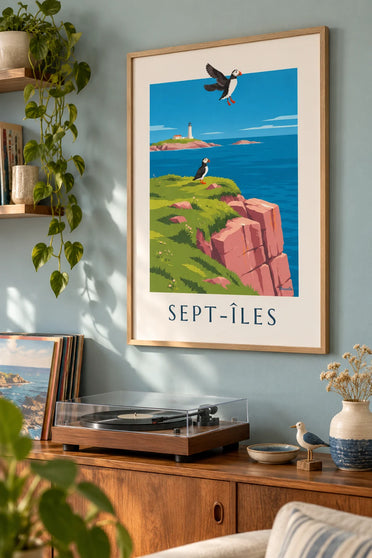 Poster papegaaiduikers op de kliffen van Sept-Îles: ingelijst aan de muur