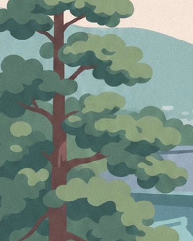 Un arbre au tronc brun et au feuillage vert arrondi devant les toits bleutés