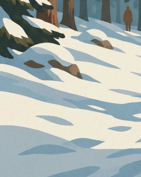 Die Felsen im Schnee mit bläulichen Schatten und einer Gestalt in der Ferne