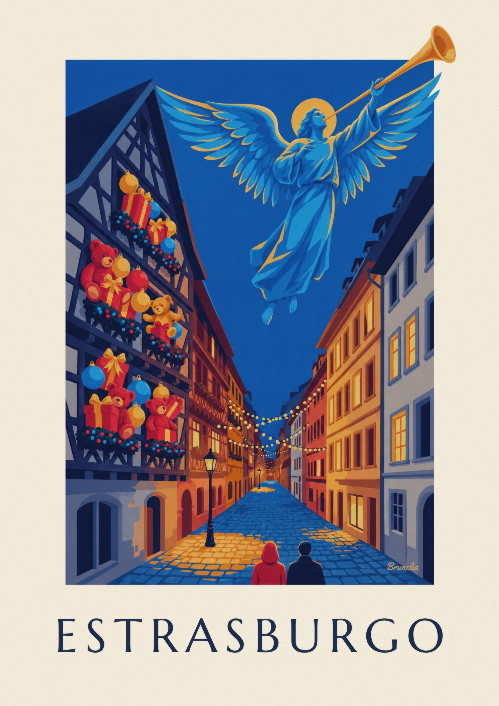 Poster Straatsburg met Kerstmis, stralende engel (titel ESTRASBURGO): detail in close-up