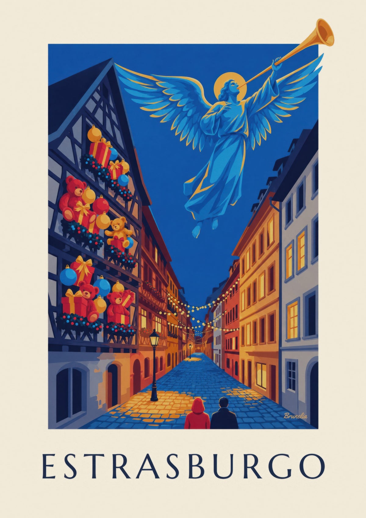 Poster Straatsburg met Kerstmis, stralende engel (titel ESTRASBURGO)