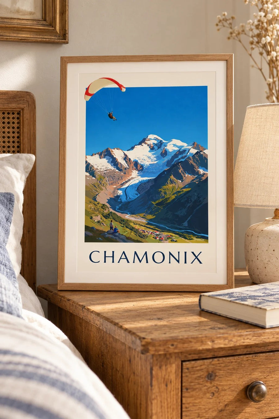 Affiche parapente à Chamonix et Mont-Blanc : petit format A4 encadré