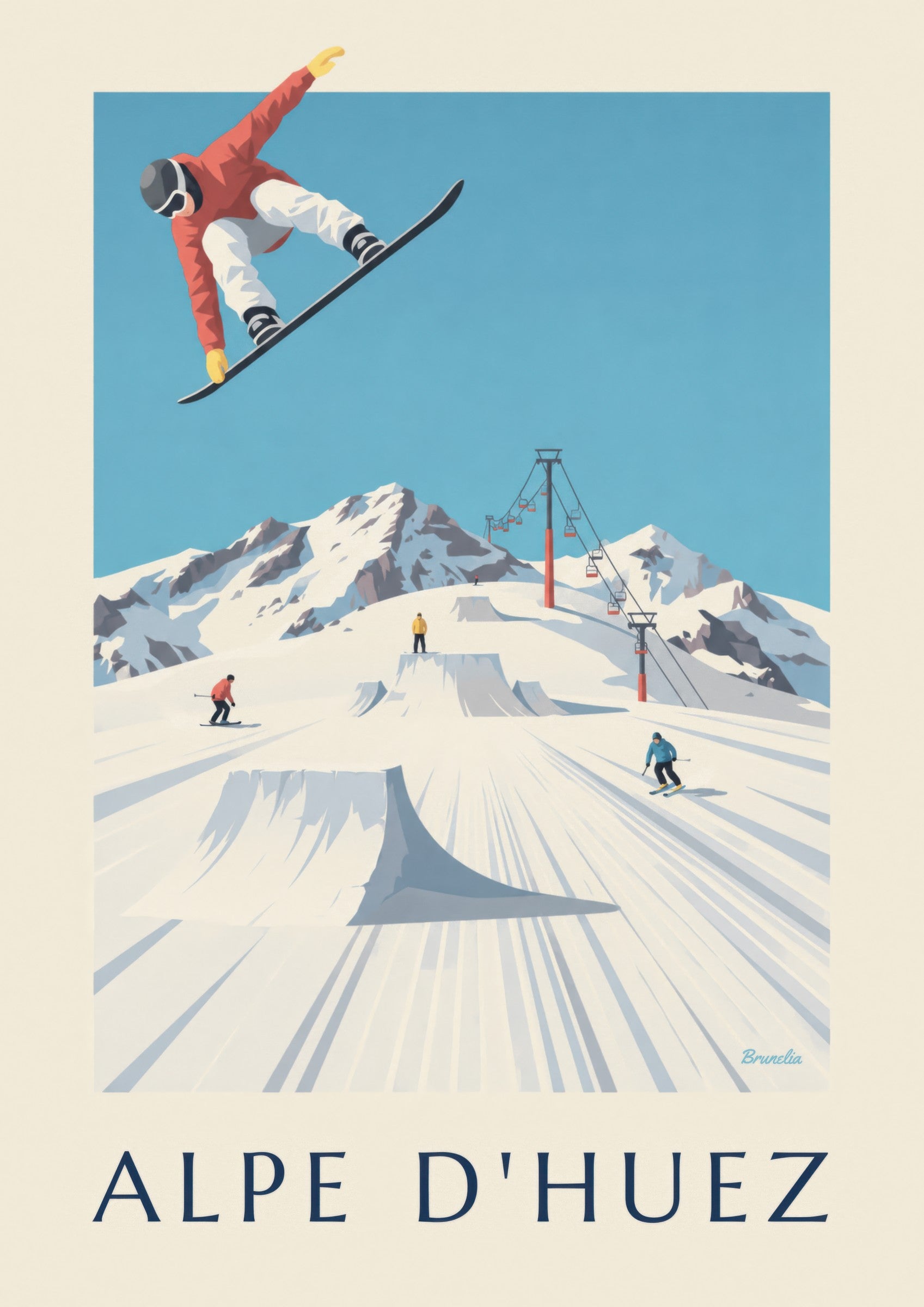 Poster Alpe d'Huez, skiërs en snowboarders: detail in close-up