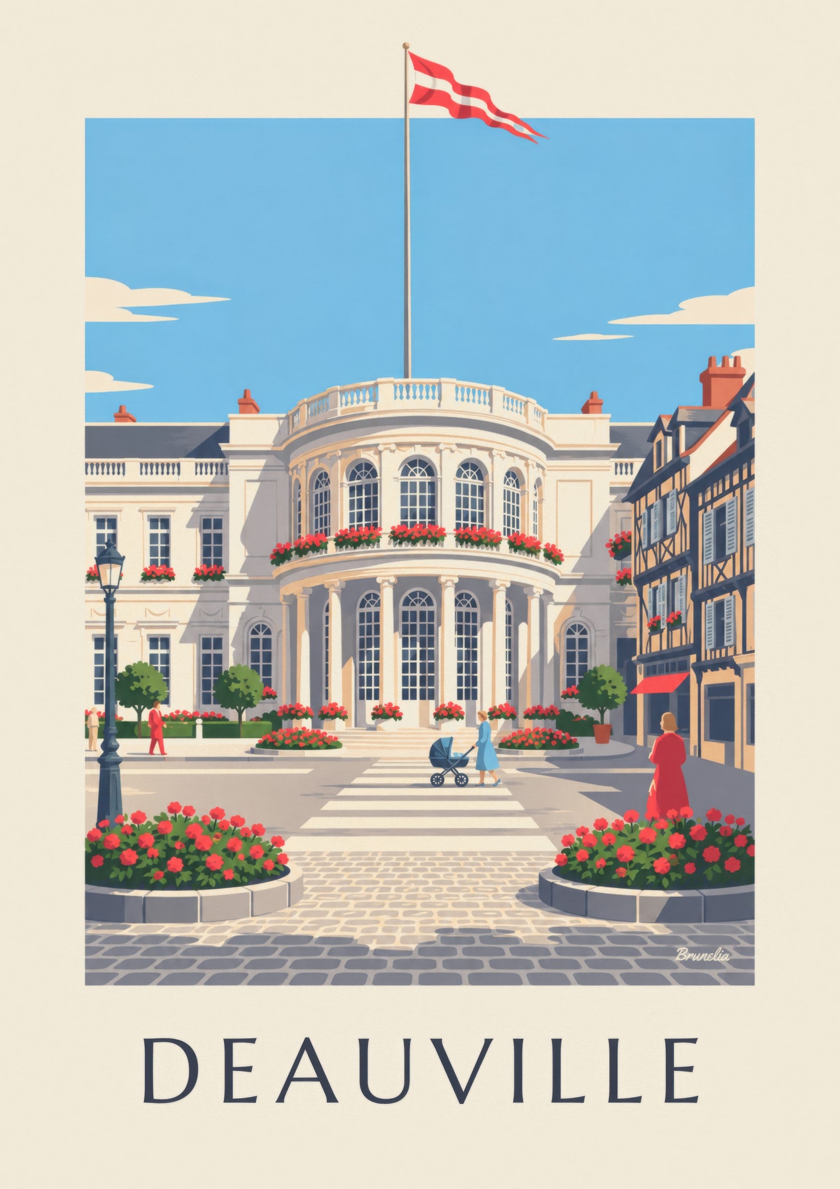 Affiche Deauville casino blanc et géraniums: detail in close-up