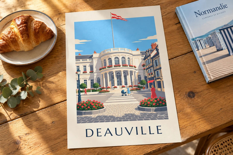 Affiche Deauville casino blanc et géraniums : posée sur une table
