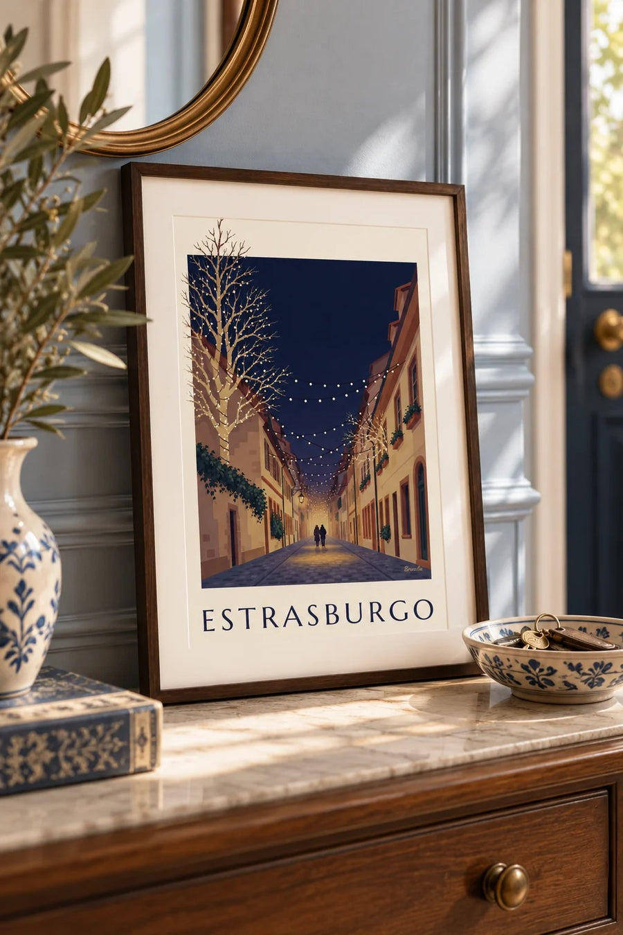 Affiche ruelle de Strasbourg illuminée pour Noël (titre ESTRASBURGO) : petit format A4 encadré