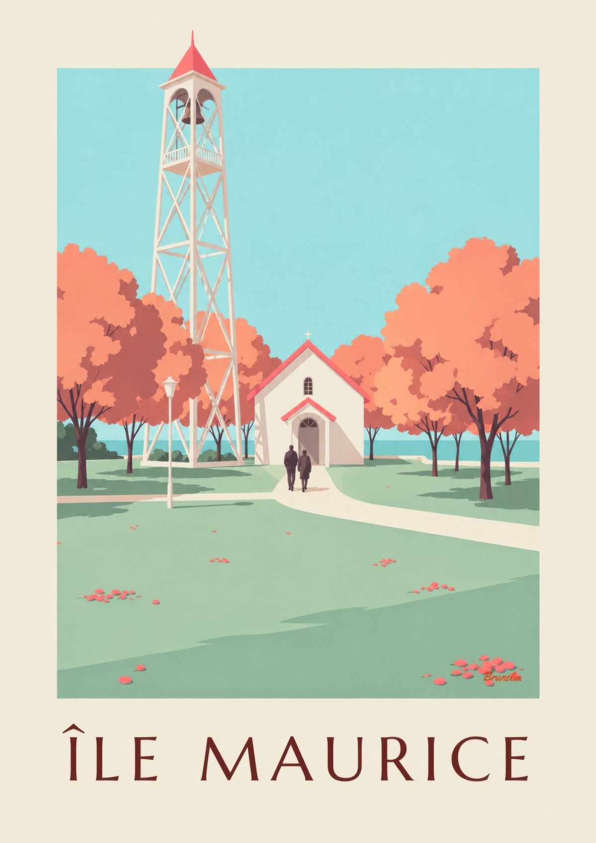 Poster Mauritius, kerk met rood dak (titel ÎLE MAURICE)