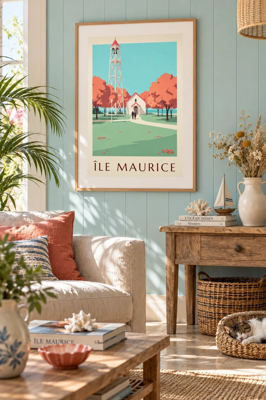 Affiche Île Maurice, église au toit rouge (titre ÎLE MAURICE) : encadrée au mur
