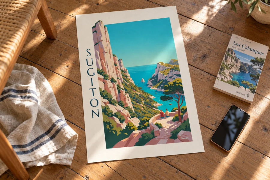 Affiche calanque de Sugiton vue du belvédère : posée sur une table