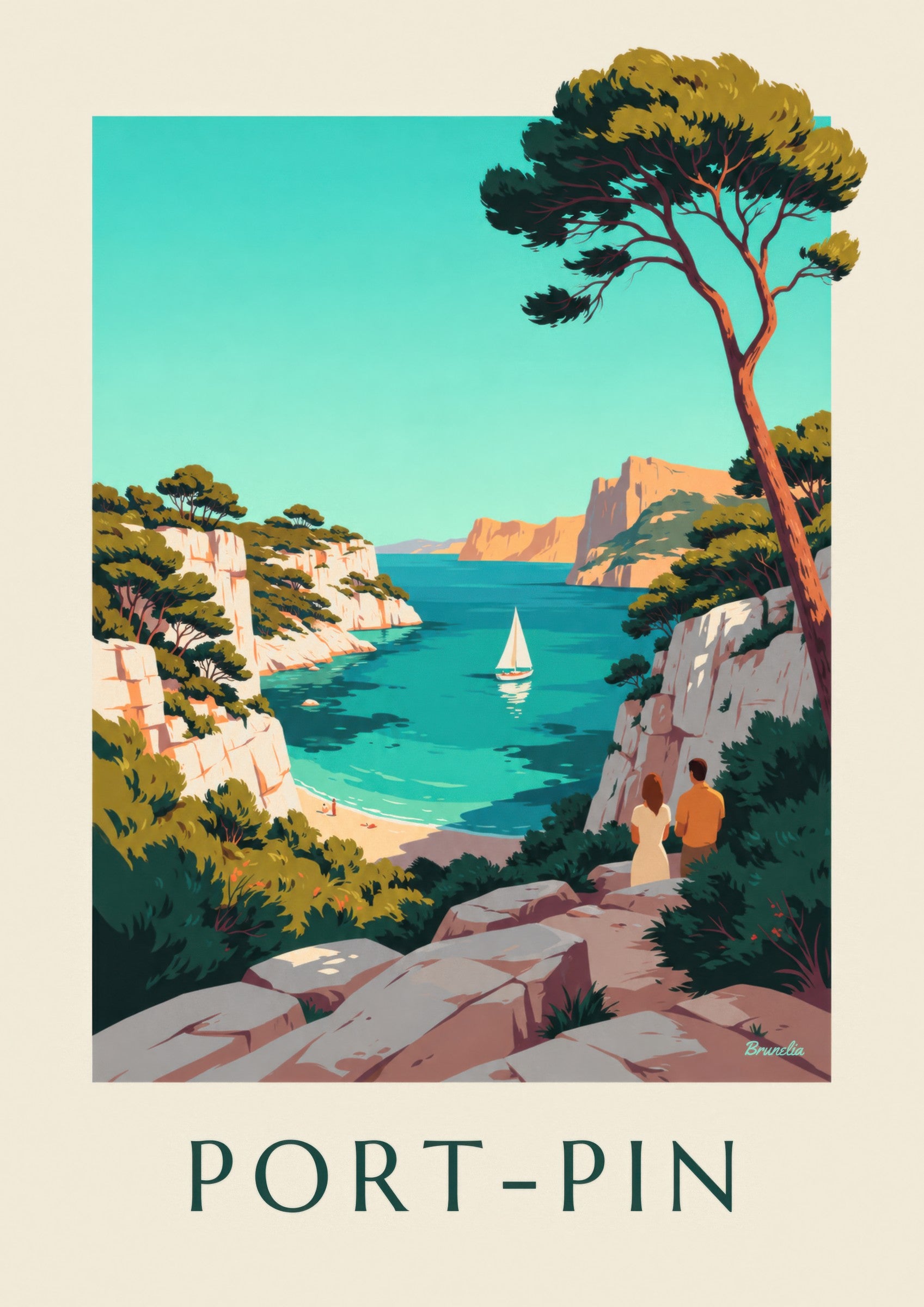 Affiche calanque de Port-Pin et voilier: detail in close-up