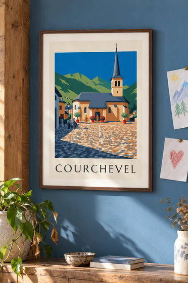 Poster Courchevel, de kerk van Saint-Bon : ingelijst aan de muur