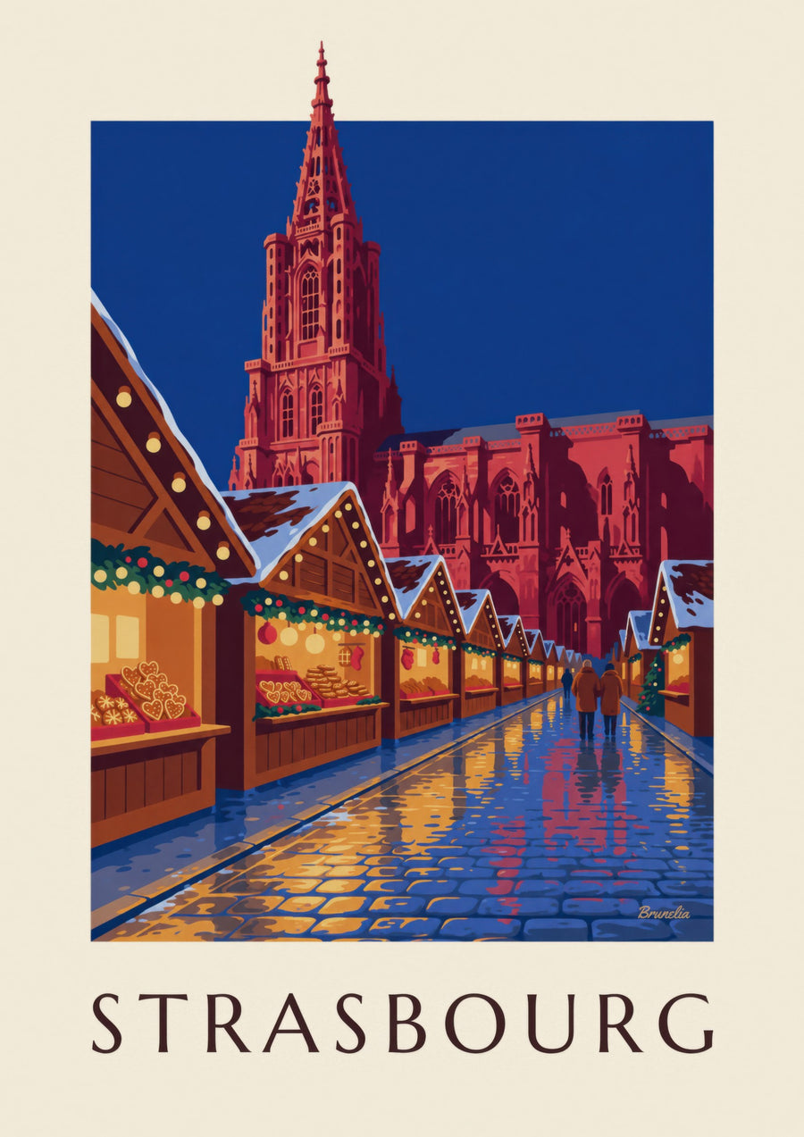 Poster kerstmarkt van Straatsburg bij nacht