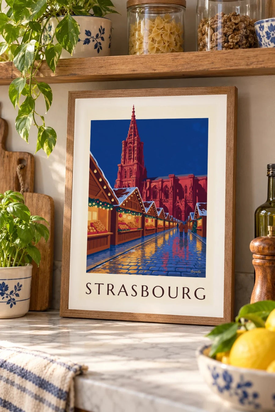 Affiche marché de Noël de Strasbourg la nuit : petit format A4 encadré