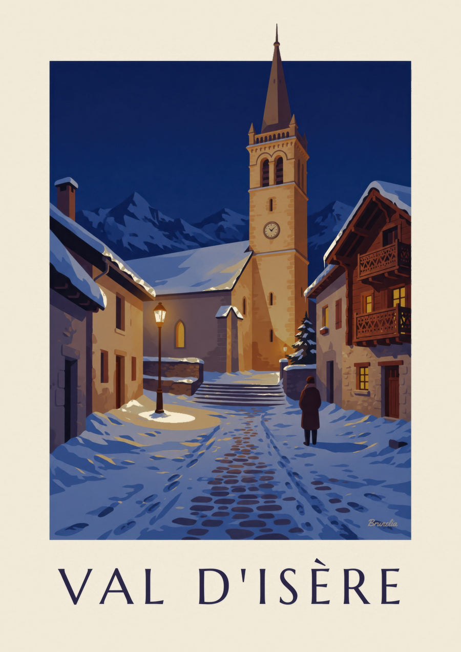 Poster Val d’Isère, verlichte kerktoren in de winter