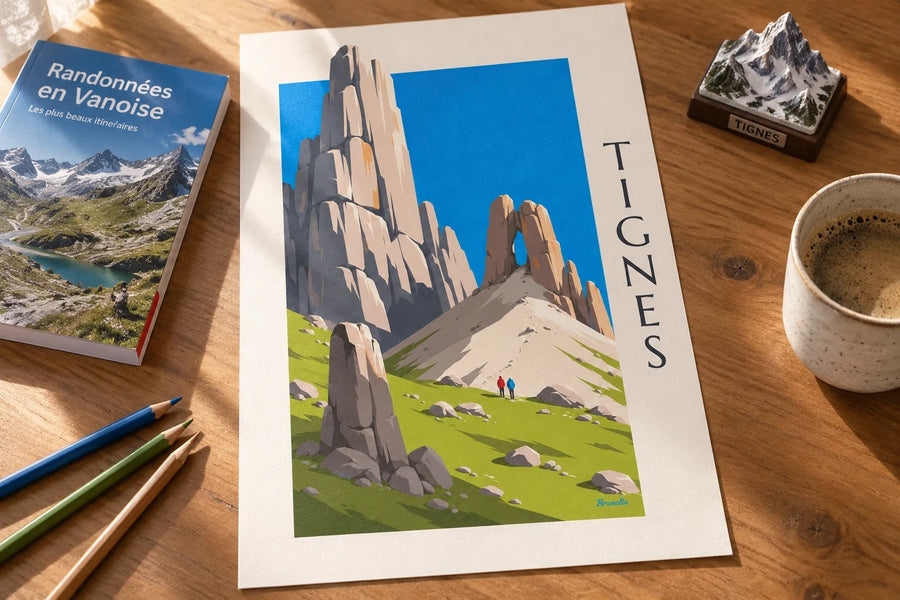 Affiche Tignes, l’Aiguille Percée : posée sur une table