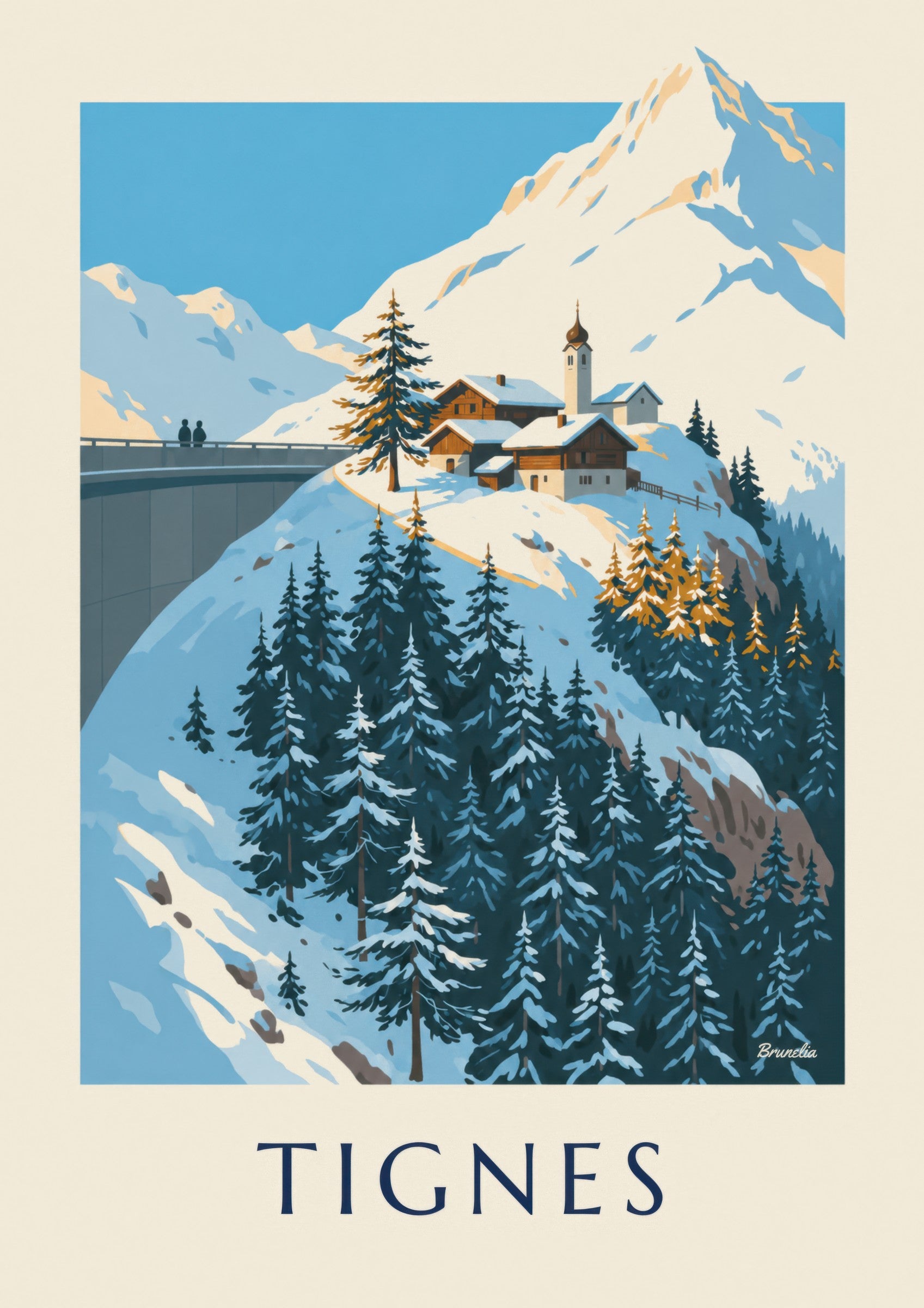 Affiche Tignes 1800 et son clocher en hiver : détail en gros plan