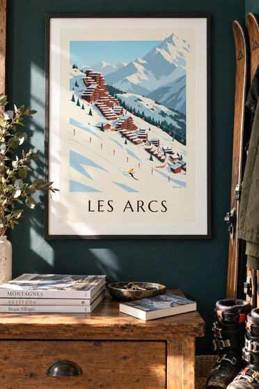 Poster Les Arcs, Arc 2000 in terrasvorm : ingelijst aan de muur
