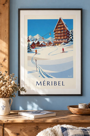 Poster Méribel Mottaret in de zon : ingelijst aan de muur