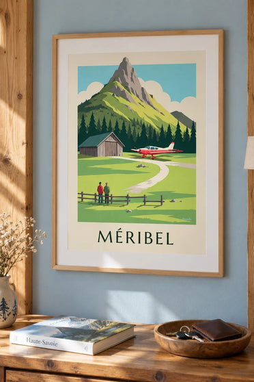 Poster Méribel, klein vliegtuig op het altiport : ingelijst aan de muur
