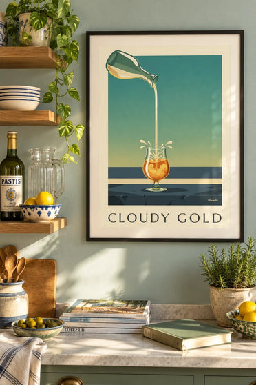 Poster met pastis en vers water : ingelijst aan de muur