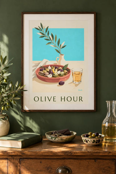Poster met Provençaalse olijven voor bij de borrel : ingelijst aan de muur