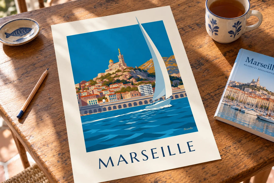 Poster van Notre-Dame-de-la-Garde vanaf zee : neergezet op een tafel
