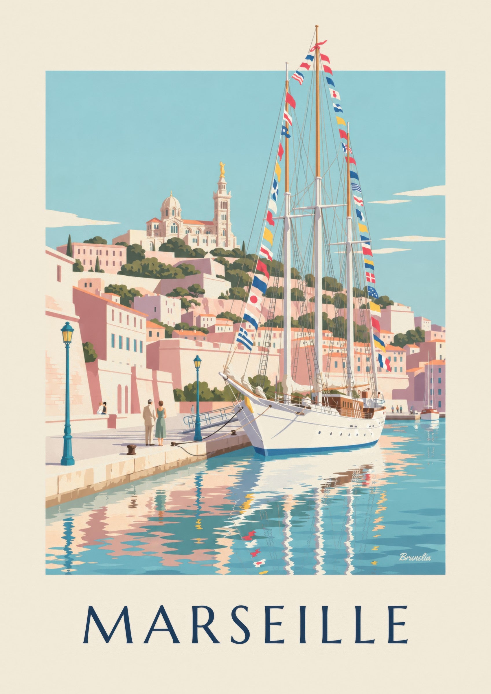 Affiche grand voilier au port de Marseille: detail in close-up