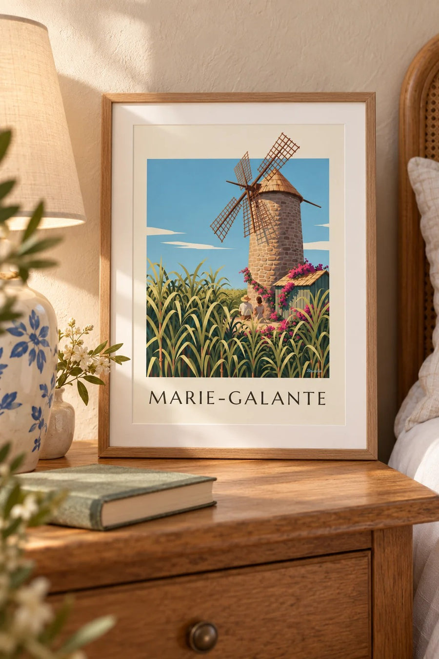 Affiche Guadeloupe, moulin de Bézard à Marie-Galante : petit format A4 encadré