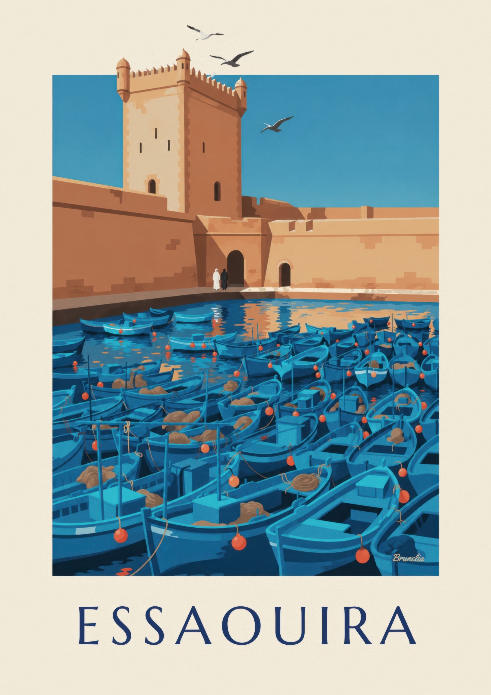Poster van de haven van Essaouira met de Skala-toren: detail in close-up
