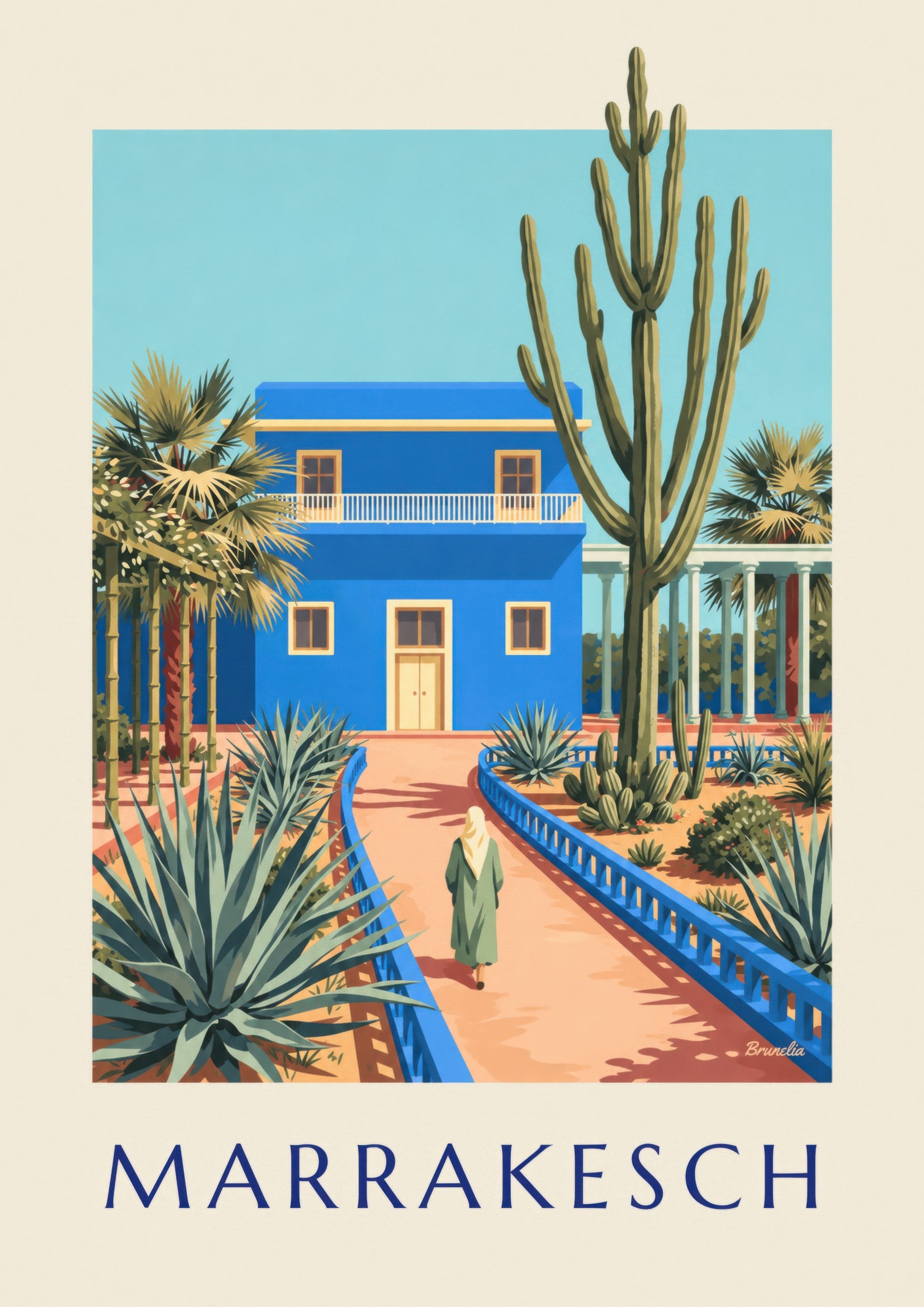 Poster van de blauwe villa en cactussen van Marrakesh (titel MARRAKESCH): detail in close-up