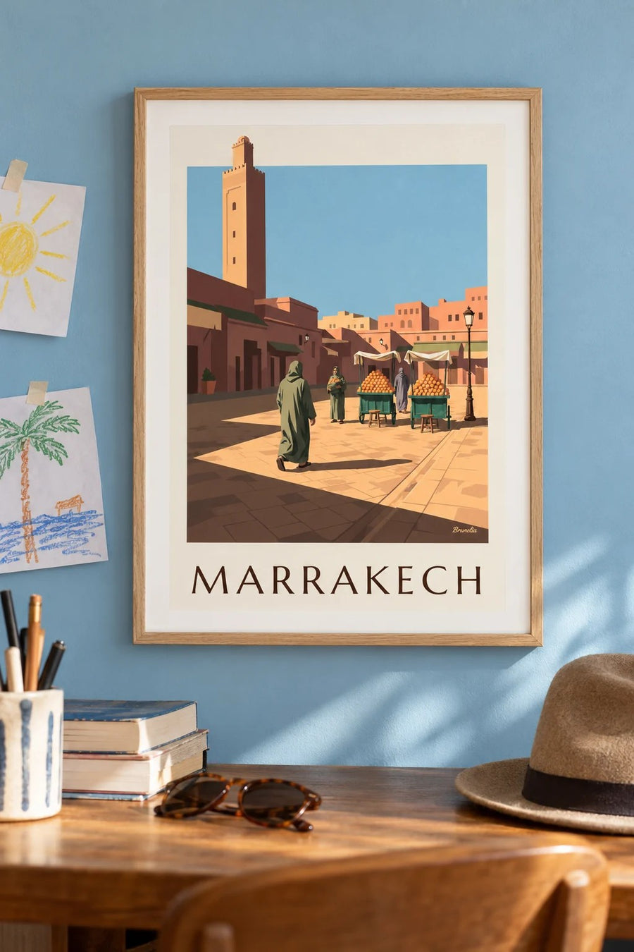 Affiche Jemaa el-Fna à Marrakech, étals d'oranges : encadrée au mur