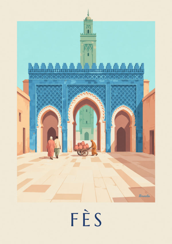 Affiche Bab Bou Jeloud de Fès, zelliges bleus