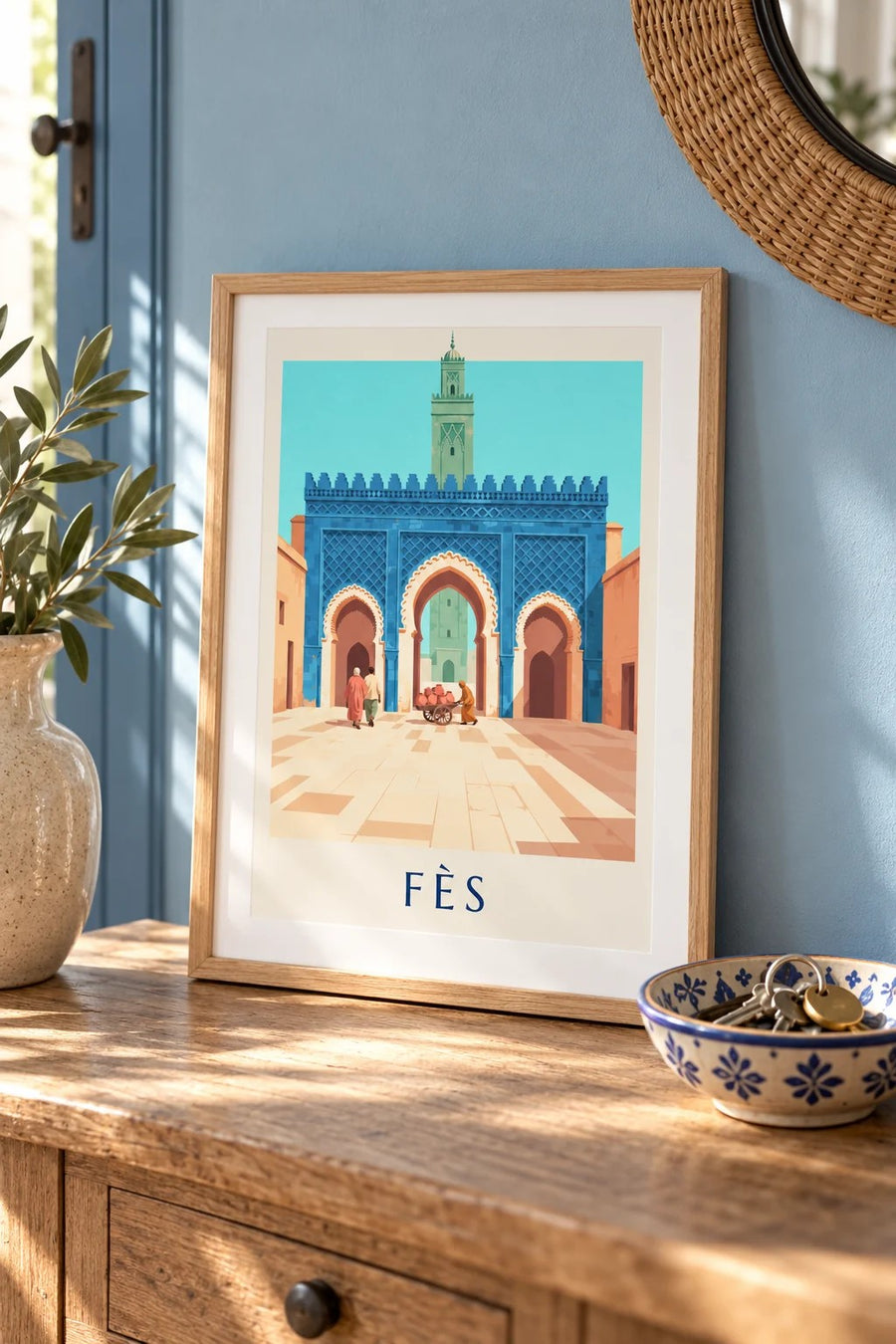 Affiche Bab Bou Jeloud de Fès, zelliges bleus : petit format A4 encadré