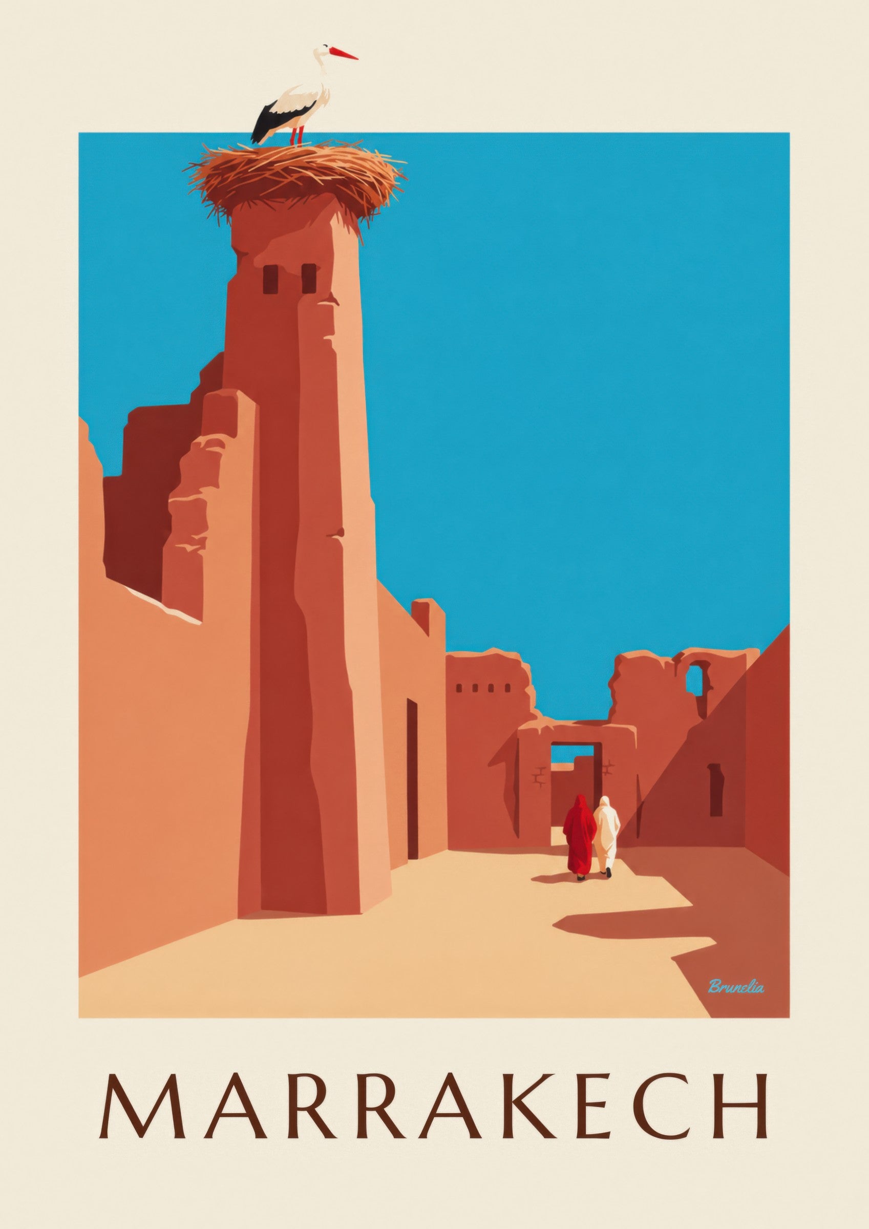 Affiche cigogne sur les remparts d’El Badi à Marrakech : détail en gros plan