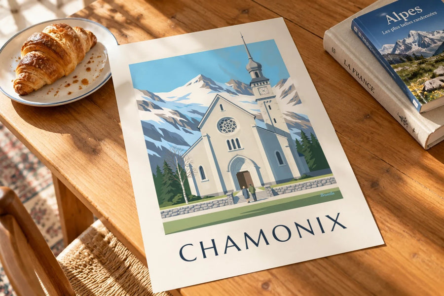 Affiche église Saint-Michel de Chamonix : posée sur une table