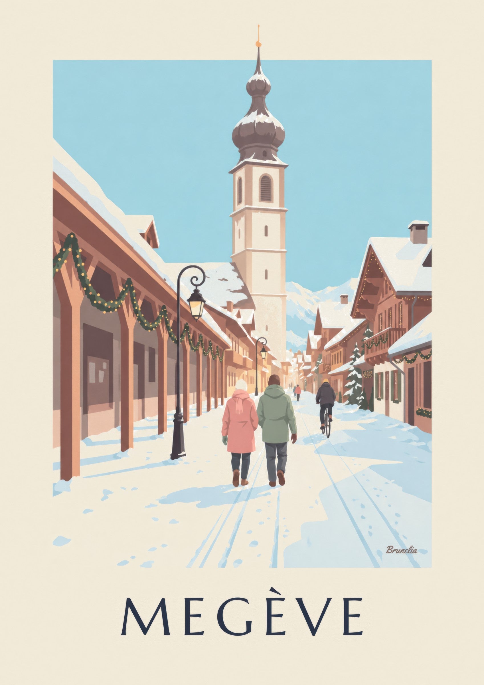 Affiche Megève, rue piétonne et clocher: detail in close-up