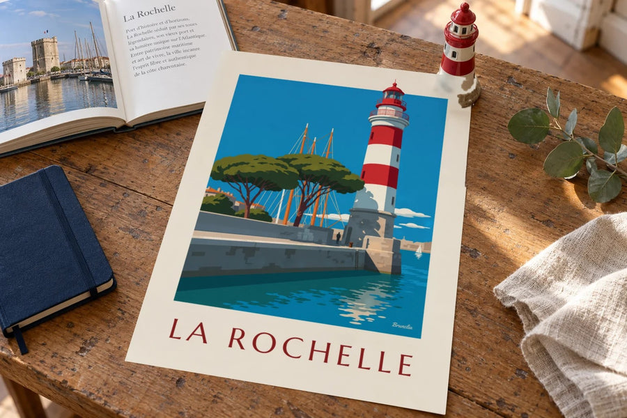 Affiche phare rouge et blanc du Gabut : posée sur une table